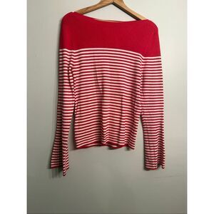 Loft Red White Stripe Boat Neck Flared Long Sleeve Pullover Sweater Size XL NWT